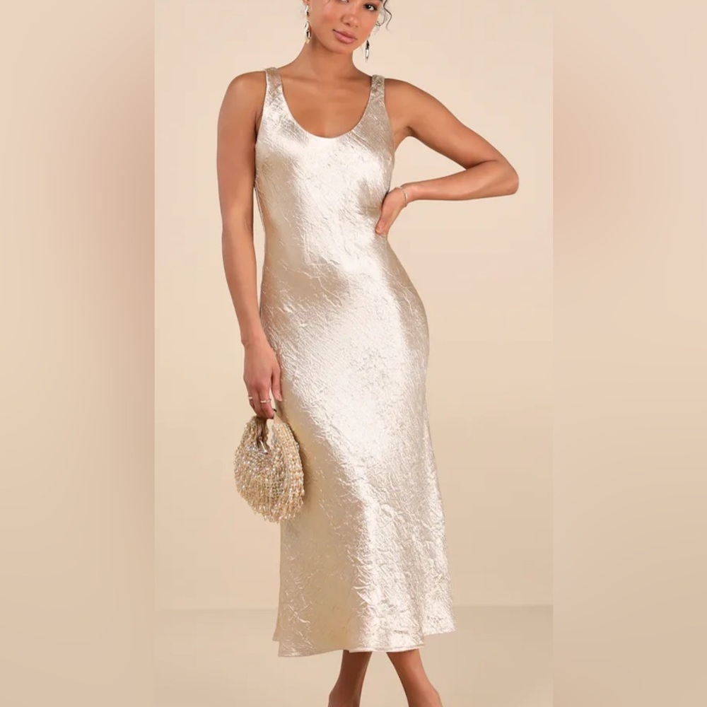 Lulus Christelle Champagne Crinkle Satin Backless Midi Slip Dress Beige - Size S